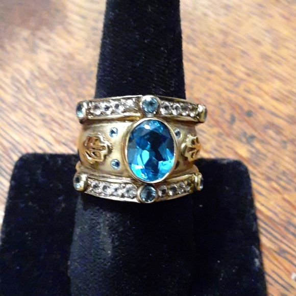 14K OVERLAY STERLING SILVER BLUE/ WHITE TOPAZ RING SIZE 7.5 - Picture 1 of 7